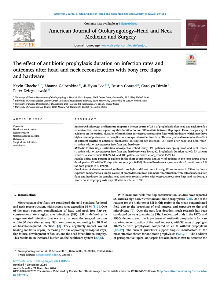 32 - Optimización de la profilaxis antibiótica en reconstrucción ósea de cabeza y cuello: impacto de la duración en las tasas de infección